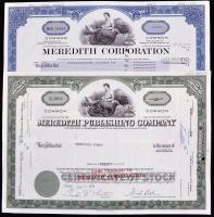 Amerikai Egyesült Államok/Iowa 1970. "Meredith Kiadói Vállalat" részvényelismervénye 20 részvényről, egyenként 5$ értékben, perforált és lyukasztott + 1987. "Meredith Corporation" részvényelismervénye 32 részvényről, egyenként 1$ értékben, perforált T:II,III USA/Iowa 1970. "Meredith Publishing Company" certificate about 20 shares, each about 5 Dollars, perforated and with hole + 1987. "Meredith Corporation" certificate about 32 shares, each about 1 Dollar, perforated C:XF,F