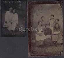 cca 1880-1910 2 db régi ferrotípia: utazás, ill. műtermi csoportkép, jó állapotban, 6×4,5 ill. 9,5×6 cm