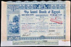 Egyiptom/Alexandria 1905. "The Land Bank of Egypt" részvénye 5Ł-ról, szelvényekkel, bélyegzéssel és szárazpecséttel, lyukasztással érvénytelenítve T:II-,III Egypt/Alexandria 1905. "The Land Bank of Egypt" share about 5 Pounds, with coupons, overprint and embossed stamp, cancelled with holes C:VF,F