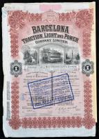 Spanyolország/Barcelona 1923. "Barcelona Traction, Light and Power Company Limited." részvénye 100$-ról, szelvényekkel, bélyegzéssekkel, szárazpecséttel T:III ragasztott Spain/Barcelona 1923. "Barcelona Traction, Light nad Power Company Limited." share about 100 Dollars with coupons, overprints and embossed stamp C:F sticked
