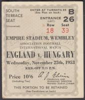 1953 London, A legendás 6:3-as magyar-angol meccs belépőjegye londoni Wembley Stadionba, melyben Magyarország legyőzte az évtizedek óta veretlen Angliát