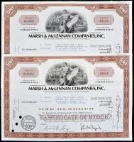 Amerikai Egyesült Államok/Delaware 1976. "Marsh & McLennan Companies, Inc." részvényelismervénye 100 részvényről, egyenként 1$ értékben, perforált és lyukasztással érvénytelenített (2x) sorszámkövetők T:II,II- szakadás USA/Delaware 1976. "Marsh & McLennan Companies, Inc." certificate about a 100 fully paid shares, each with the par value of 1 Dollar, perforated and cancelled with holes C:XF,VF tear