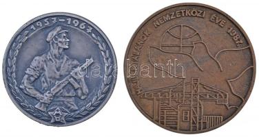 Farkas Aladár (1909-1981) 1967. Munkásőr fém emlékérem dísztokban (48mm) + 1987. "Hajléktalanok Nemzetközi Éve 1987. / Hungary HABITAT" Br emlékplakett dísztokban (55mm) T:2