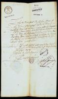 cca 1836-1879 Régi magyar és német nyelvű okmányok: kötelezvény, beadvány, nyugta, 2 iraton, több okmánybélyeggel, érdekes 1942-es cseh (Nová Bystřice/Neubistritz) vonatkozású, német és magyar nyelvű felülbélyegzéssel