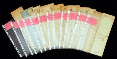 cca 1874-1875 Nagyon érdekes vegyes okmány tétel, kb. 30db, (sikkasztás, örülési roham, tilos bormérő, izraelita, ló vásár, ló tenyésztés, leégett fűrészmalom stb.)