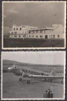 cca 1937 A Budaörsi Repülőtér ma műemlék főépülete, K-L-M repülőgép, 2 db fotó, hátoldalon feliratozva, az egyik felületén sérüléssel, 12x9 cm