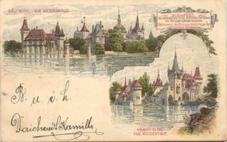 1899 Budapest XIV. Ezredéves országos kiállítás történelmi főcsoportjának épületei, Déli és nyugati oldal s: Morelli, Dörre T. 2 Kr Ga.