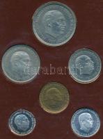 Spanyolország 1957-1966. 10c-50P "75" 6xklf db barna műbortokos szettben T:1,PP Spain 1957-1966. 10 Centimos - 50 Pesetas "75" 6xdiff pcs in set, in brown plastic case C:UNC,PP