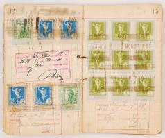 1930 Forgalmi adókönyv, sok bejegyzéssel, több különböző értékű forgalmi adós bélyeggel ( 1, 2,5, 8,...