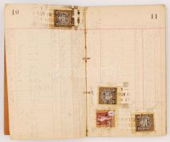 1930 Forgalmi adókönyv, sok bejegyzéssel, több különböző értékű forgalmi adós bélyeggel pengős, ill....