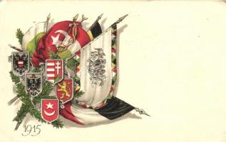 1915 WWI flags and coat of arms of the Central Powers, litho (EK)