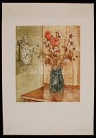 Gaál Domonkos (1940-2009): Margaréták és tulipánok. Színezett rézkarc, papír, jelzett, felcsavarva, 34×29 cm