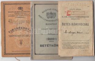 1917. "Magyar Királyi Postatakarékpénztár Budapest Betét-könyvecske" + 1933. "Magyar-Hollandi Bank - Aranypengő Takarékbetét" könyv + 1937. "Magyar Királyi Postatakarékpénztár Budapest" mindhárom betétkönyvben vannak kitöltött oldalak, pecsétek.