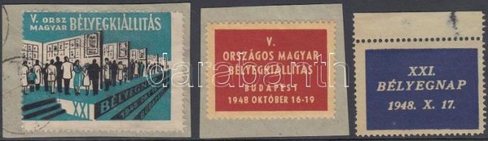 1948 Magyar Országos bélyegkiállítás 2 db levélzáró kivágáson + XXI. Bélyegnapi levélzáró