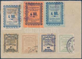 Orosháza 1921-1925 4 klf Lakáshivatali bélyeg + 1933 Szegénygondozó hivatal 3 klf bélyeg, ebből 2 db 2 oldalán fogazatlan