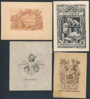 4 db metszet: Jelzés nélkül: Ex libris, rézmetszet, papír, 10,5×9 cm; W Oleszyoach jelzéssel: Bibliotekl Alexandra Fusieckiego, 1839, rézkarc, papír, jelzett, 4,5×7 cm; Rudolf Kratochwil: Ex libris Ludwig Schlesinger, klisé, papír, 138. sz. sorszámozott példány, 9,5×6 cm; Jauner jelzéssel: Ex libris Josefi Alfredi Scherzer, rézmetszet, papír, 4,5×7 cm