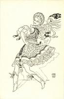 Magyar népviselet - 5 db RÉGI folklór témájú motívum lap, próbanyomat, pinx. Undi / 5 old motive car...