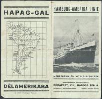 cca 1930 Hamburg-Amerika Linie, hajójáratok Dél-Amerika keleti partjára: Brazília, Uruguay, Argentína, menetrend és viteldíjjegyzék, kisméretű térképpel, feltüntetve a célállomások