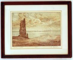 Keleti Jenő, ifj.(1943-): Boróka a parton. Színes rézkarc, papír, jelzett, üvegezett keretben, 21×30 cm