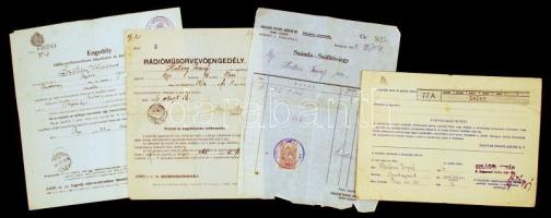 1939-1946 4 db rádiós okmány: számla, szavatossági jegy, rádióvevő készülék létesítési és használati engedély