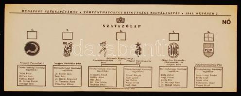 1945 Bp., törvényhatósági bizottsági tagválasztás (okt. 7.), női szavazólap, bejelölve rajta a Polgári Demokrata Párt