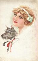 Italian art postcard, lady with dog s: Usabal (EK)