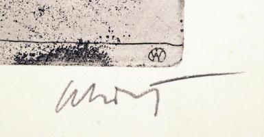 Würtz Ádám (1927-1994): Dunaújvárosi építkezés. Rézkarc, papír, jelzett, 29x19 cm