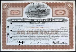 Amerikai Egyesült Államok/New Jersey 1936. Nemzetközi Kereskedelmi Hajózási Vállalat részvényelismervénye 10 részvényről, perforált és lyukasztással érvénytelenített T:II-,III USA/New Jersey 1936. International Mercantile Marine Company certificate about 10 fully paid shares, perforated and cancelled with holes C:VF,F
