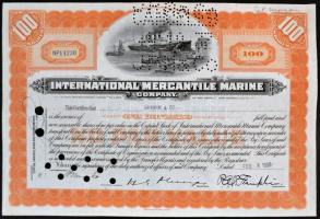 Amerikai Egyesült Államok/New Jersey 1937. Nemzetközi Kereskedelmi Hajózási Vállalat részvényelismervénye 100 részvényről, perforált és lyukasztással érvénytelenített T:II-,III USA/New Jersey 1937. International Mercantile Marine Company certificate about 100 fully paid shares, perforated and cancelled with holes C:VF,F