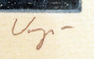 Varga Bencsik József (1944-): Dunántúli táj. Rézkarc 36/100, papír, jelzett, üvegezett keretben, 8×1...