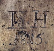 Antik ón gyömbértartó csavaros fedéllel, M.H. 1815. gravírozással, horpadással, m: 25 cm