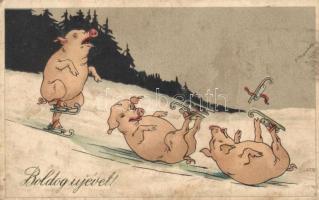 New Year, ice skater pigs, humour, litho (EK)