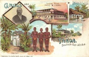Tanga, Deutsch-Ost-Afrika, Central Hotel von Hans Liebel, Restaurant zum Lustigen Hans, litho