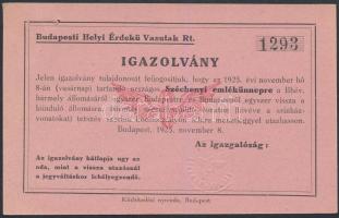 1925 Bp., Igazolvány a Budapesti Helyi Érdekű Vasutaktól a Széchenyi ünnepre utazáshoz