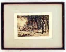 Magyar Mannheimer Gusztáv-Prihoda Istán: Ökrös kocsi. Rézkarc, papír, jelzett, üvegezett keretben, 15×22 cm