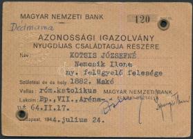 1944 a Magyar Nemzeti Bank névre szóló azonossági igazolványa