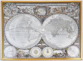 Antik világtérkép modern, fémre rajzolt változata képkeretben dekorációs célokra 40x50 cm