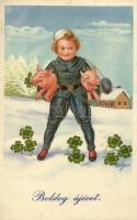 New Year, chimney sweeper with clovers and pigs