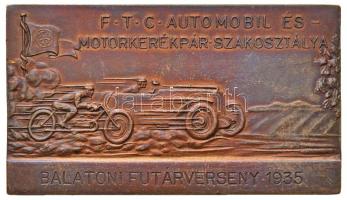 1935. "F.T.C. Automobil és Motorkerékpár Szakosztálya - Balatoni Futárverseny 1935" Br plakett, hátoldalán "Boczán Gy. Budapest VII. Rákóczi Út 6." gyártói jelzéssel (69x39,5mm) T:2- Hungary 1935. "F.T.C. Automobil and Motorcycle Section - Balaton Courier Race 1935" Br plaque, on its back with "Boczán Gy. Budapest VII. Rákóczi Street 6." makers mark (69x39,5mm) C:VF