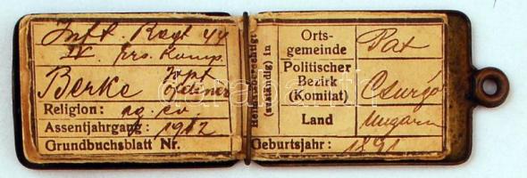 cca 1910 Magyar katona dögcédula rézből, hozzá tartozó személyi papírral együtt / Hungarian identity tag from copper with document inside