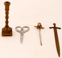 Vegyes bolha tétel: Régi, réz gyertyatartó, régi olló, 2 db papírvágó.