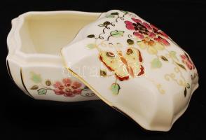 Zsolnay pillangó mintás ékszeres doboz, kézzel festett, hibátlan, jelzett, 10x10 cm