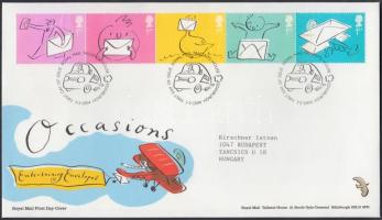 Üdvözlő bélyegek: boríték ötöscsík FDC-n, Greeting Stamps: envelope stripe of 5 FDC