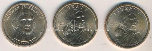 Amerikai Egyesült Államok 2000-2001P 1$ Cu "Sacagawea" (2xklf) + 2007D 1$ "Thomas Jef...