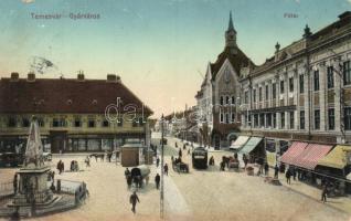 Temesvár, Gyárváros, Főtér, Konovsky Rezső, Csendes és Fischer üzletei / Main square, shops