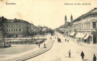 Szabadka, Subotica; Deák utca, Szent István tér, üzletek / street, square, shops