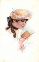 Italian art postcard, reading lady, Erkal Küstler-Serie 308/5. s: Usabal (fa)