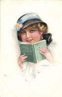 Italian art postcard, reading lady, 