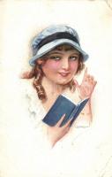 Italian art postcard, reading lady, "Erkal" Künstler-serie 308/4. s: Usabal, Olvasó hölgy, olasz művészi képeslap, "Erkal" Künstler-serie 308/4. s: Usabal