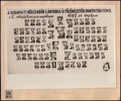 1947 A budapesti nőiszabók, leánykaruha és fűzőkészítők ipartestületének a II. világháború után megválasztott tisztikara, kistabló 77 nevesített portréval, 17x23 cm, karton 21x25 cm